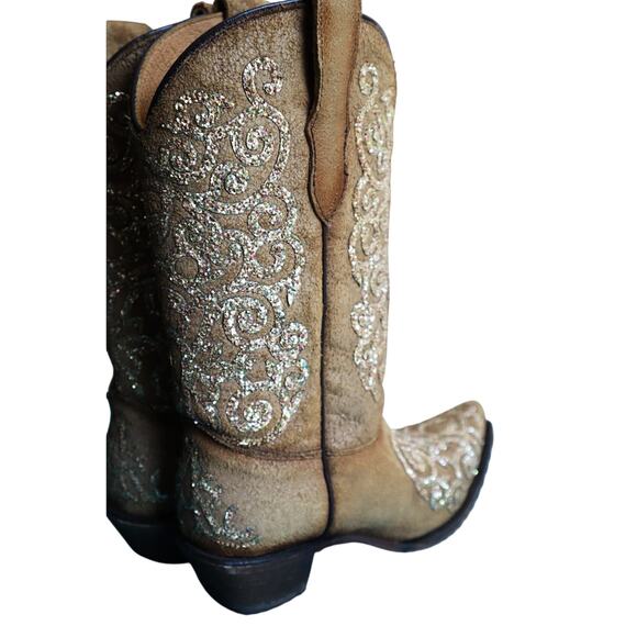 Corral Teen Tan Leather Boots Embroidered Gold Glitter 5 T Western Womens 7 - Picture 6 of 9